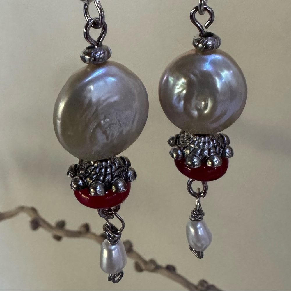 Handcrafted Genuine Silver Coin Pearl & Red Coral Bead Drop w/ Dangles Earrings - Picture 10 of 15